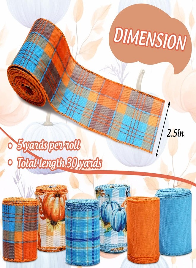 Whaline 6 Rolls Thanksgiving Fall Wired Edge Ribbon Blue Orange Pumpkin Plaid Craft Ribbon Decorative Fabric Ribbons for Autumn Thanksgiving DIY Crafts, 2.5In x 90Ft - Image 2